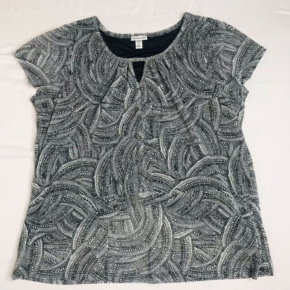 Croft & Barrow Womens Top Shirt Multicolor Abstract Keyhole Neck Petites PL